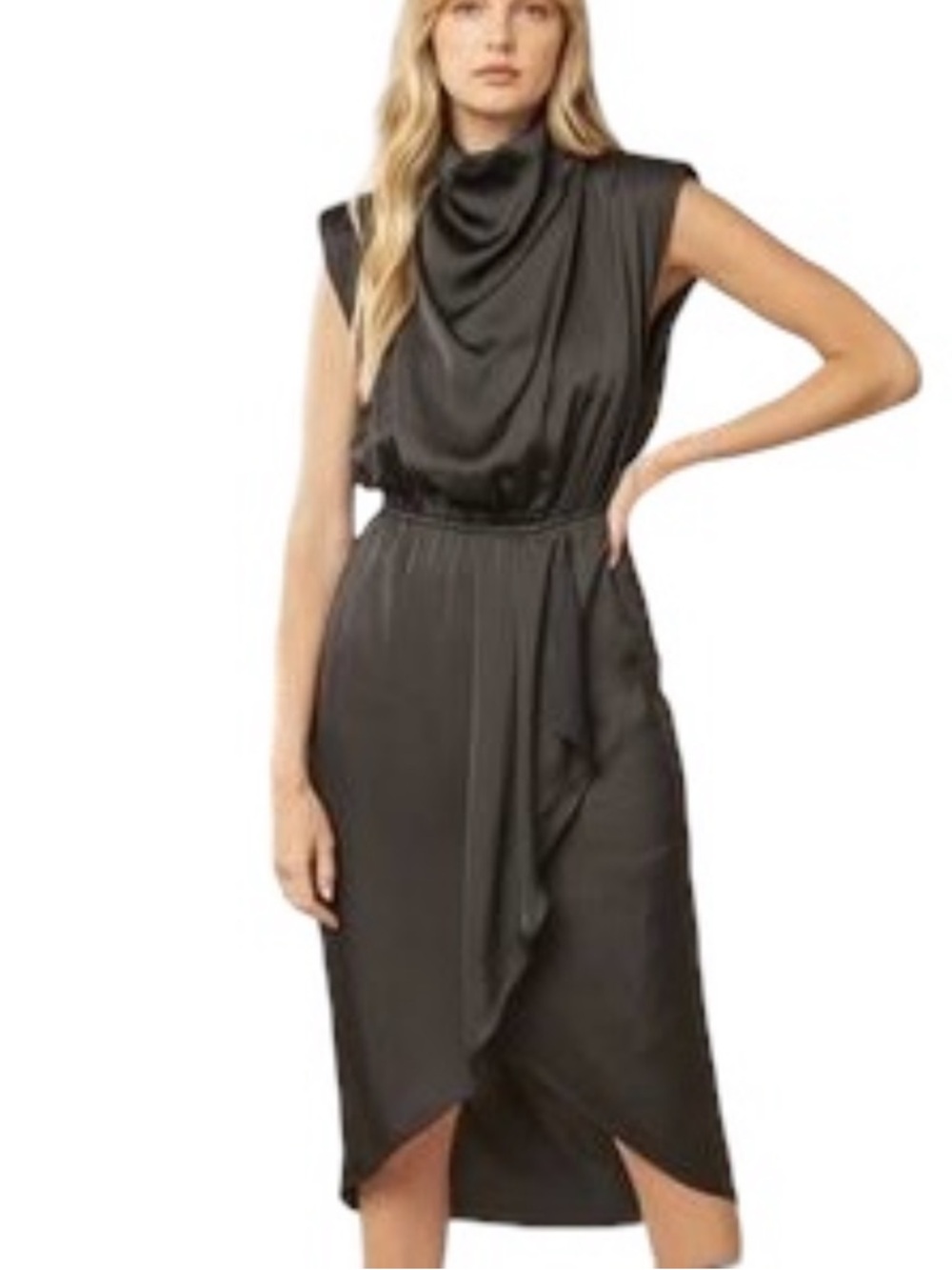 Entro Sleeveless Black Satin Cowl-Neck Midi Dress- Large